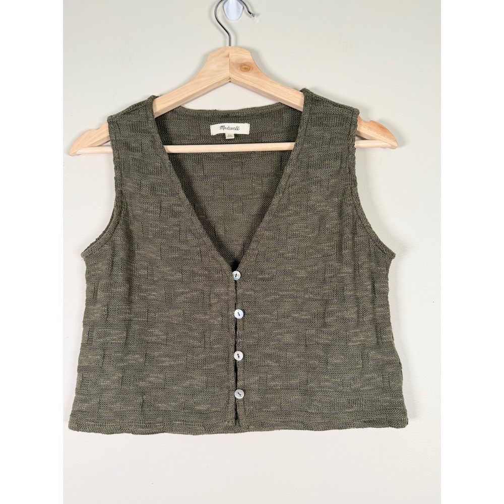 Madewell Olive Green Basketweave Knit Button Front Sweater Vest NN249 Womens XS - Picture 2 of 9